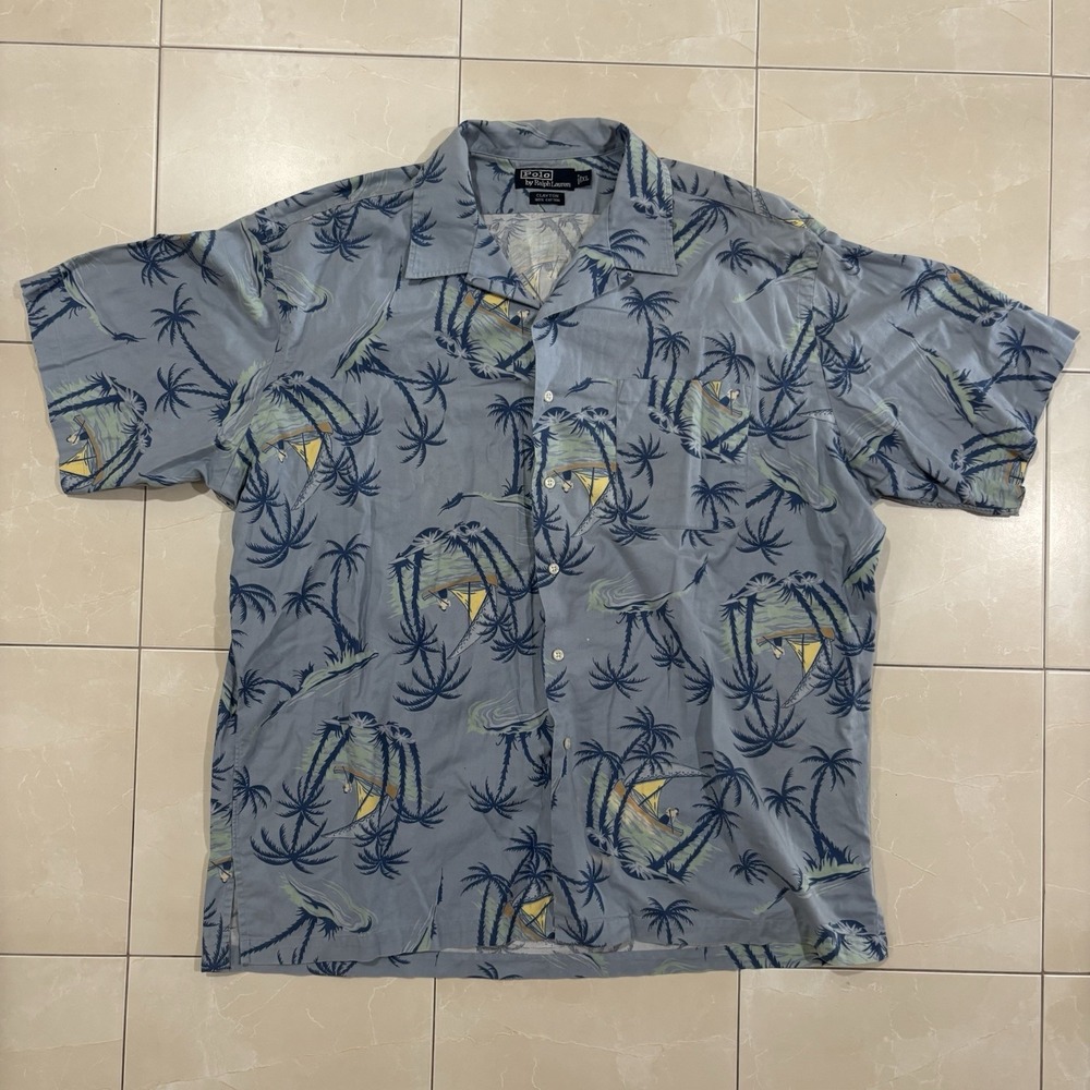 Vintage Polo Ralph Lauren Hawaiian Shirt Loop Collar Camp Men's XL Y2K 90s Sail